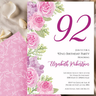 Pink Roses Floral Template 92nd Birthday