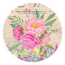 Pink Roses, Floral Watercolor, Vintage Newspaper 
