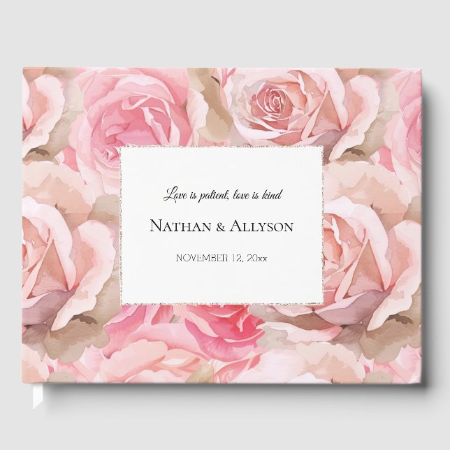 Pink Roses Floral Wedding Guest Book (Front)