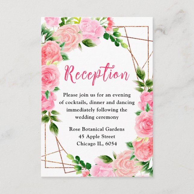 Pink Roses Floral Wedding Reception Enclosure Card (Front)