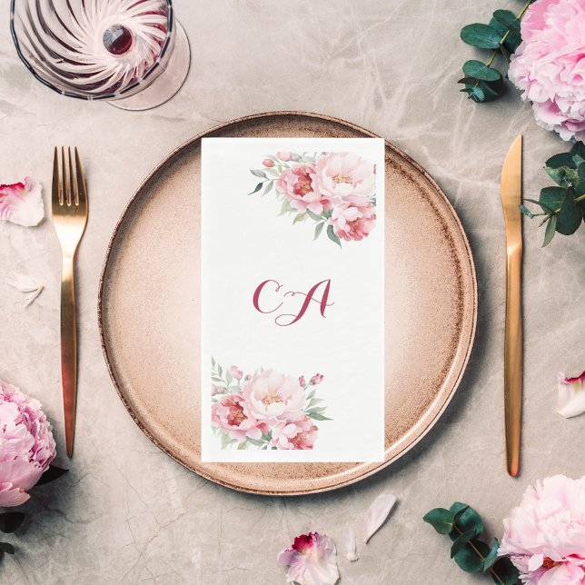 Pink roses florals monogram birthday napkin (Creator Uploaded)