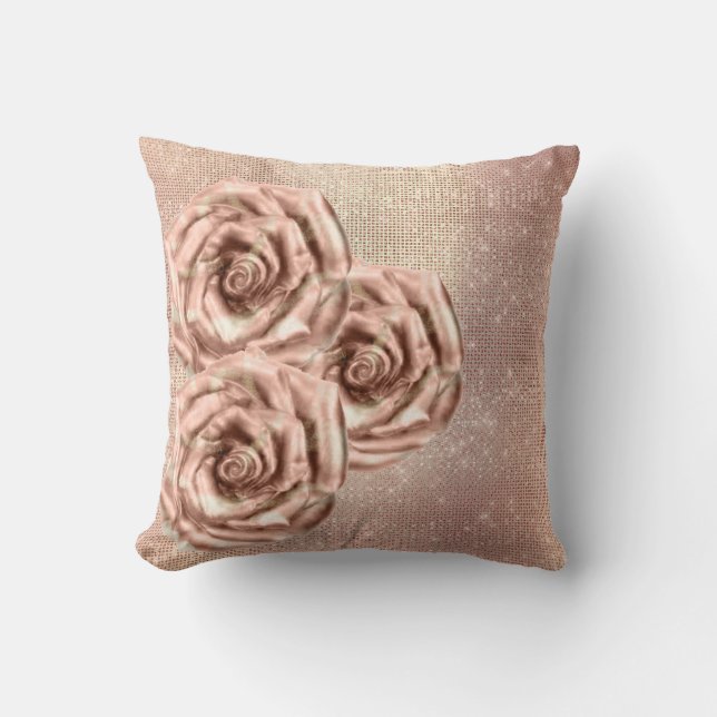 Pink Roses Flower Gold Copper Sequin Grill Throw Pillow (Front)