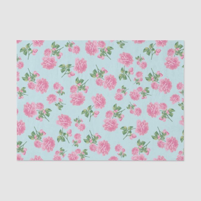 Pink Roses Flower pattern on Mint Tissue Paper (Front)