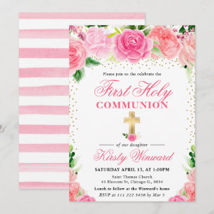 Pink Roses Flowers First Holy Communion Invitation