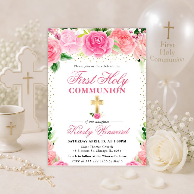 Pink Roses Flowers First Holy Communion Invitation (Creator Uploaded)