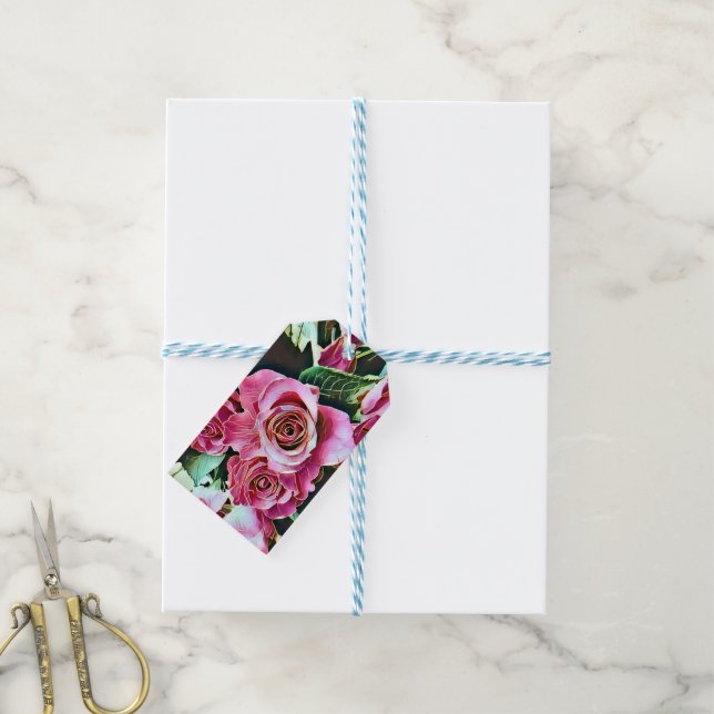 PINK ROSES FLOWERS GIFT TAGS (With Twine)