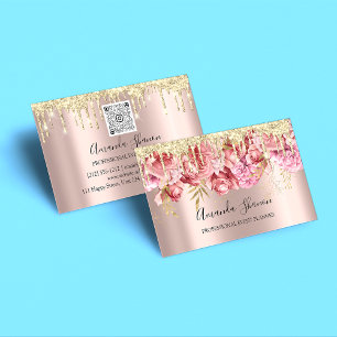 Pink Roses Flowers Golden  Drip QR CODE Logo   Business Card