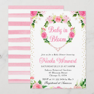 Pink Roses Flowers Heart Wreath Baby Shower Invitation