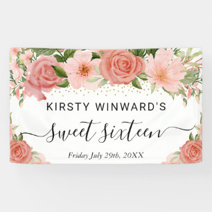Pink Roses Flowers Sweet 16 Welcome Banner