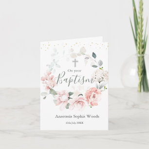 Pink Roses Foliage Cross Baptism Card