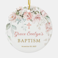 Pink Roses Foliage Cross Baptism Photo Ornament