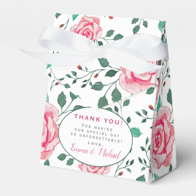 Pink Roses & Foliage Pattern  Thank You Wedding Favor Box (Front Side)