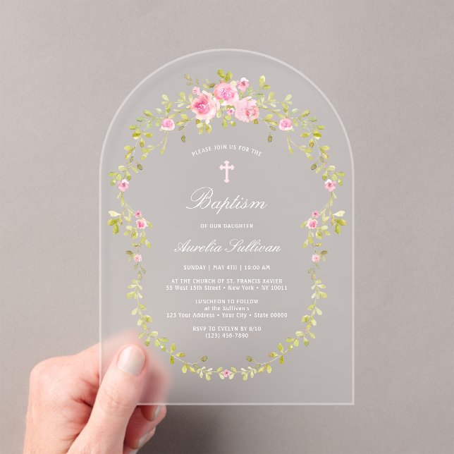 Pink Roses Frame Baptism Acrylic Invitations (Insitu (Handheld))