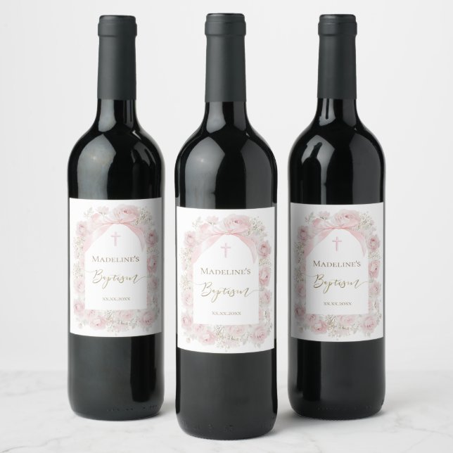 pink roses frame Baptism Wine Label (Bottles)