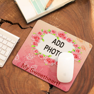 Pink Roses Frame Valentine Add Your Photo Mouse Pad