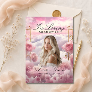 Pink Roses Funeral Prayer Card with Photo