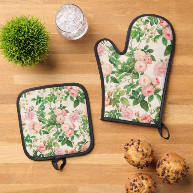 Pink Roses Garden Oven Mitt & Pot Holder Set (Top Down)
