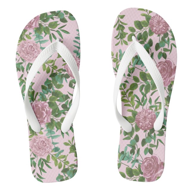 Pink Roses Garden Spring Wedding Flip Flops (Footbed)