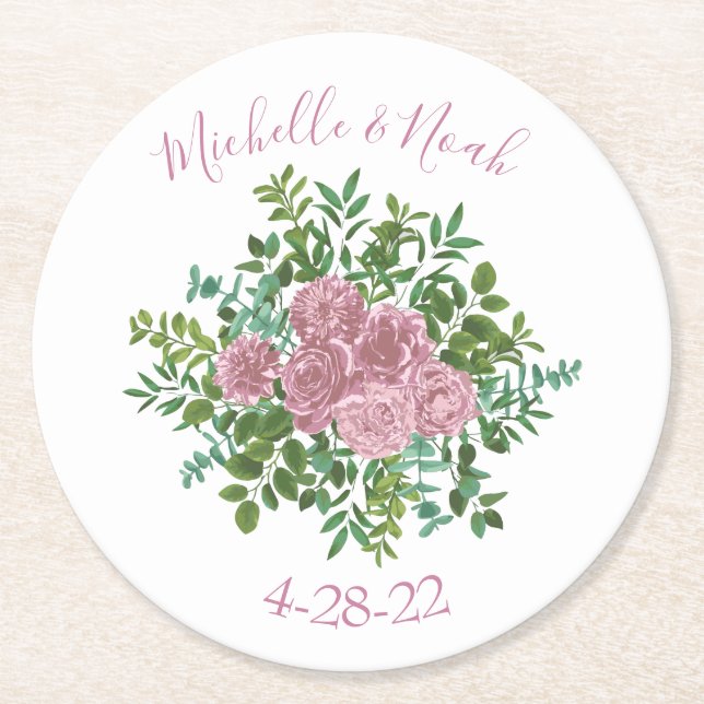 Pink Roses Garden Spring Wedding Round Paper Coaster (Front)