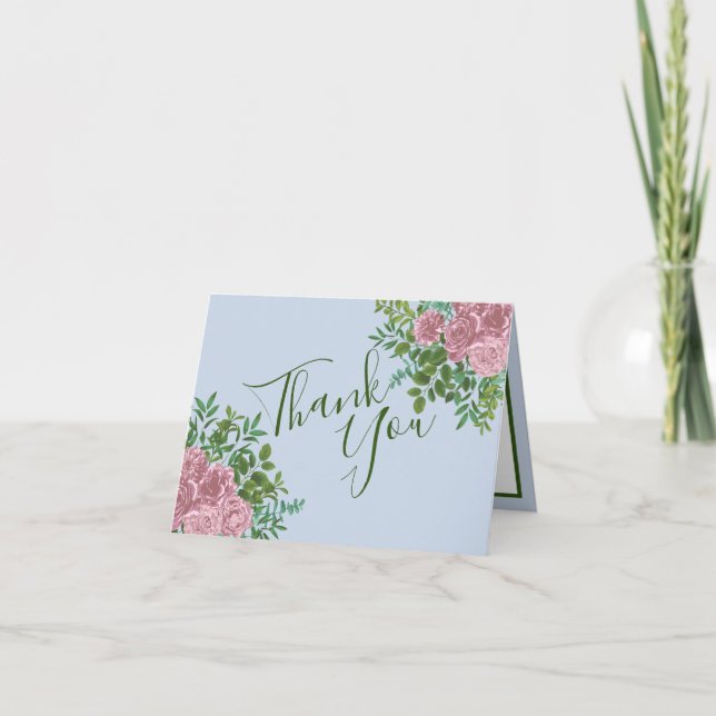 Pink Roses Garden Spring Wedding Thank You Card (Front)