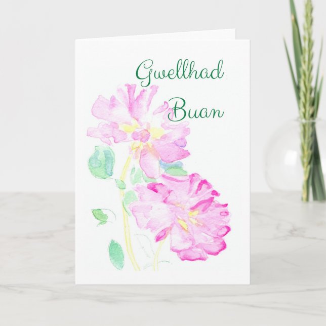 Pink Roses Get Well Card: Welsh Greeting Card (Front)