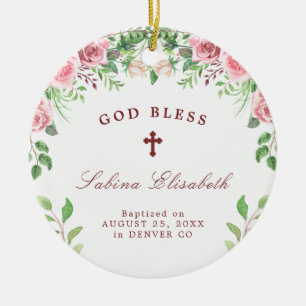 Pink roses girl baptism photo personalized  ceramic ornament