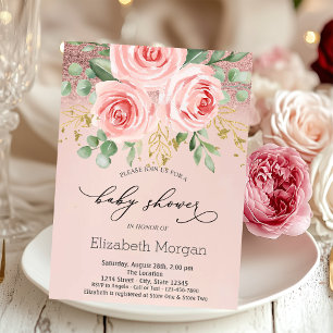 Pink Roses,Glitter Bokeh Baby Shower Invitation