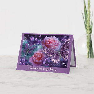 Pink Roses & Glitter Butterflies Personalized Glam Card