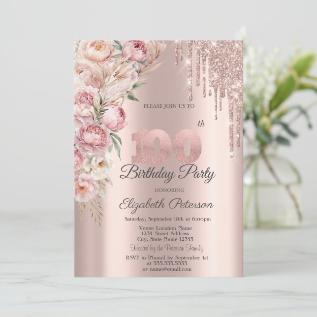 Pink Roses Glitter Drips Rose Gold 100thBirthday   Invitation (Standing Front)