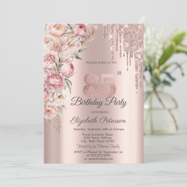 Pink Roses Glitter Drips Rose Gold 85th Birthday   Invitation (Standing Front)