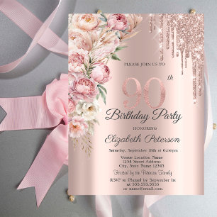 Pink Roses Glitter Drips Rose Gold 90th Birthday   Invitation
