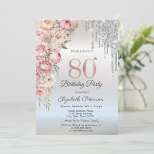 Pink Roses Glitter Drips Silver 80th Birthday   Invitation