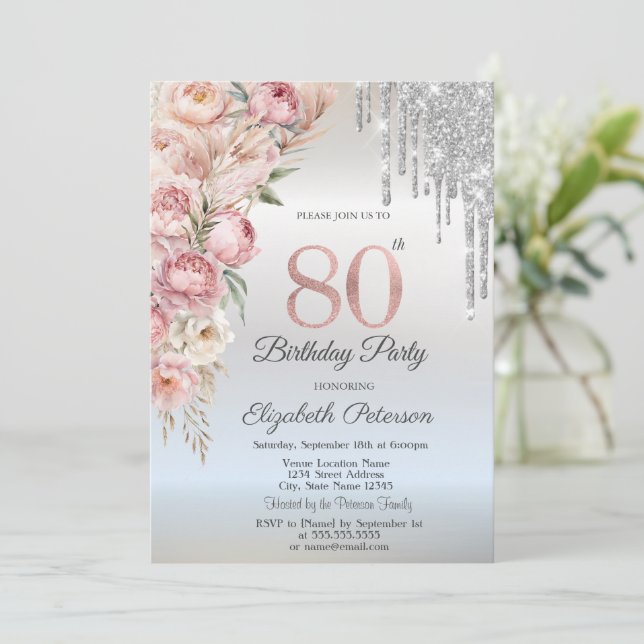 Pink Roses Glitter Drips Silver 80th Birthday   Invitation (Standing Front)