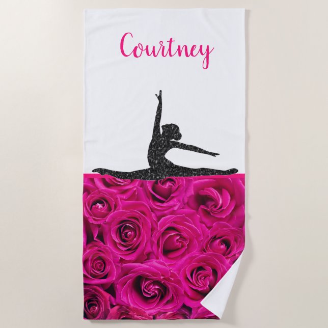 Pink Roses Glitter Gymnast Beach Towel (Front)