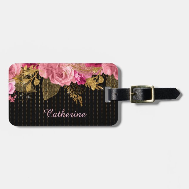 Pink Roses Gold Beads on Black Luggage Tag (Front Horizontal)