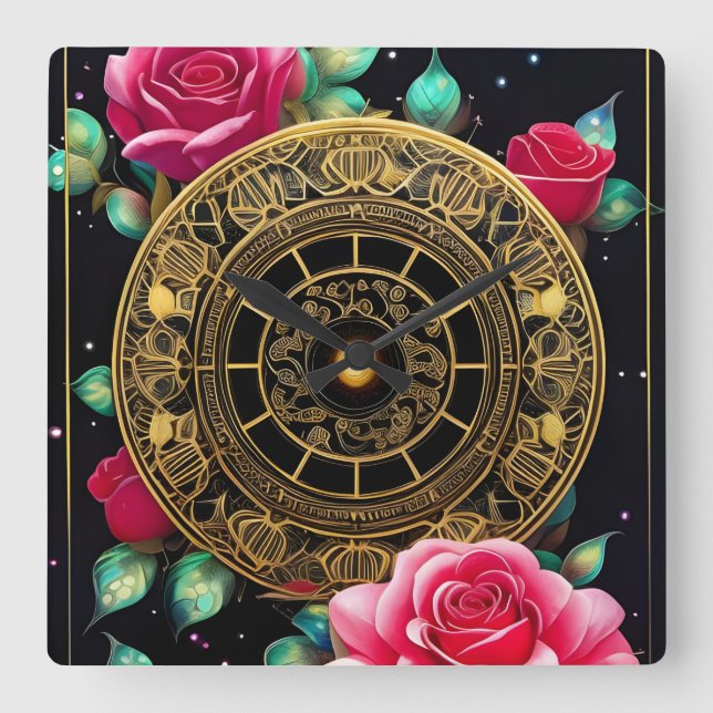 Pink Roses Gold Filigree Art Square Wall Clock (Front)