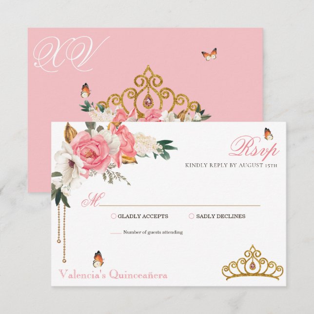 Pink Roses Gold Gemstone Tiara Quinceanera RSVP Card (Front/Back)