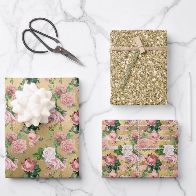 Pink Roses Gold Glam Glitz  Wrapping Paper Sheet (Front)