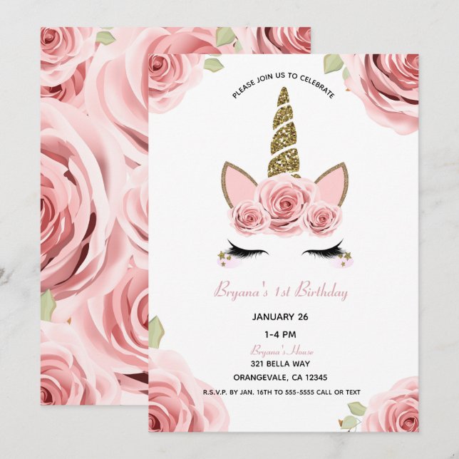 Pink Roses Gold Glitter Unicorn Floral Birthday Invitation (Front/Back)