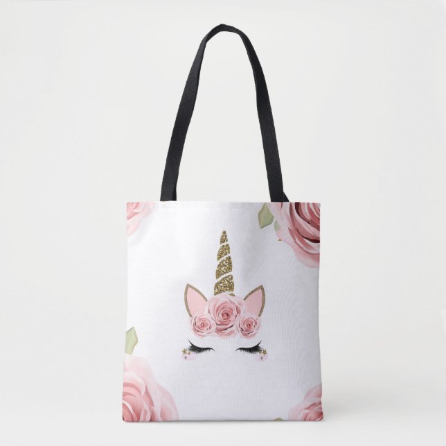 Pink Roses Gold Glitter Unicorn Trendy Cute Tote Bag (Front)