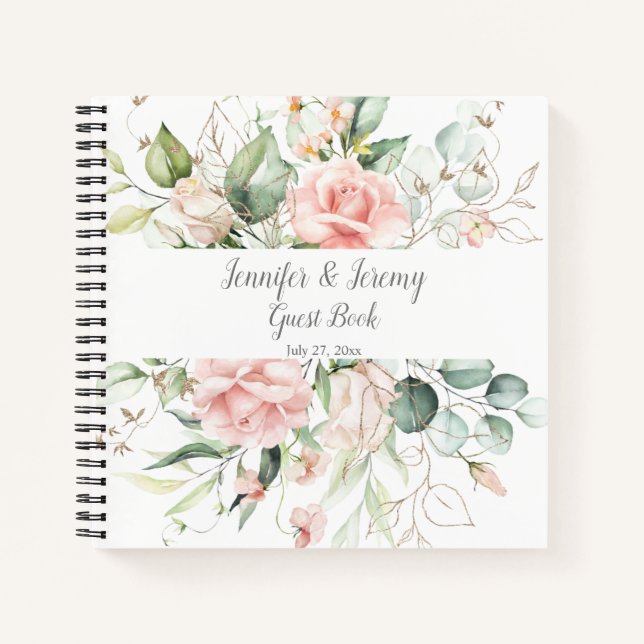 Pink Roses Gold Leaves Eucalyptus Guest Book (Front)