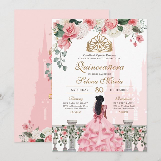 Pink Roses & Gold Princess Fairytale Quinceanera Invitation (Front/Back)