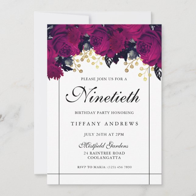 Pink Roses Gold & White 90th Birthday Invite (Front)