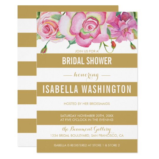 Pink Roses & Gold White Stripes Bridal Shower Card