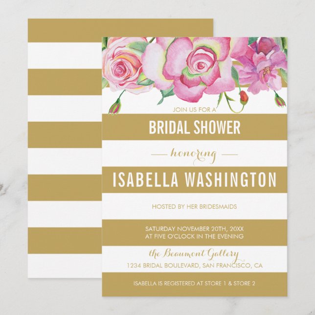 Pink Roses & Gold White Stripes Bridal Shower Invitation (Front/Back)