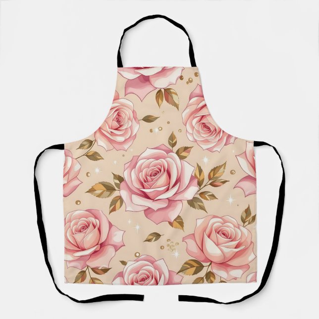 Pink Roses Golden Leaves Pattern Apron (Front)