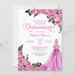 Pink Roses   Golden Tiara & Ball Gown Quinceañera Invitation