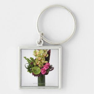 Pink roses, green anthuriums, cymbidium orchids keychain