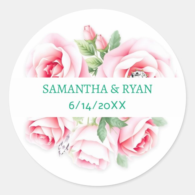 Pink Roses & Green Foliage Wedding Personalized Classic Round Sticker (Front)