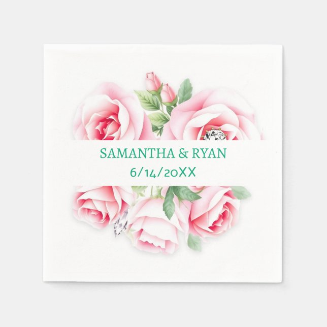 Pink Roses & Green Foliage Wedding Personalized Napkin (Front)
